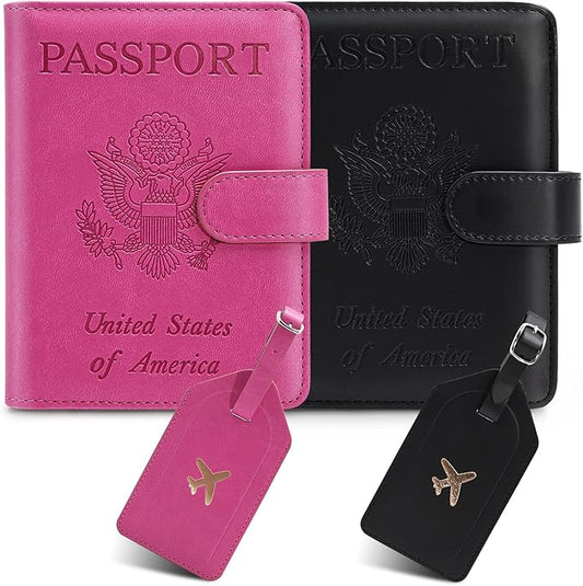 2 Pack Passport Holder for Travel with Luggage Tag Cover – RFID Blocking Passport Wallet Holder for Women & Men | PU Leather Passport Case with Money Pocket & Magnetic Clasp, Blac & Pink
