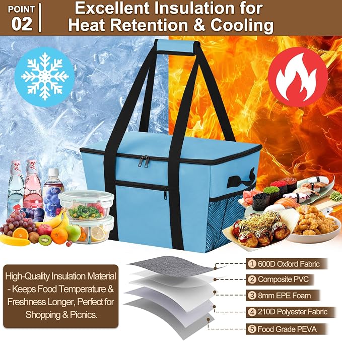 Reusable Grocery Bag – Expandable Insulated Cooler Bag with Bottom Board, Collapsible Insulated Shopping Bag with Zipper & Drawstring, Heavy Duty Tote Bag for Shopping, Delivery, Picnic, Beach