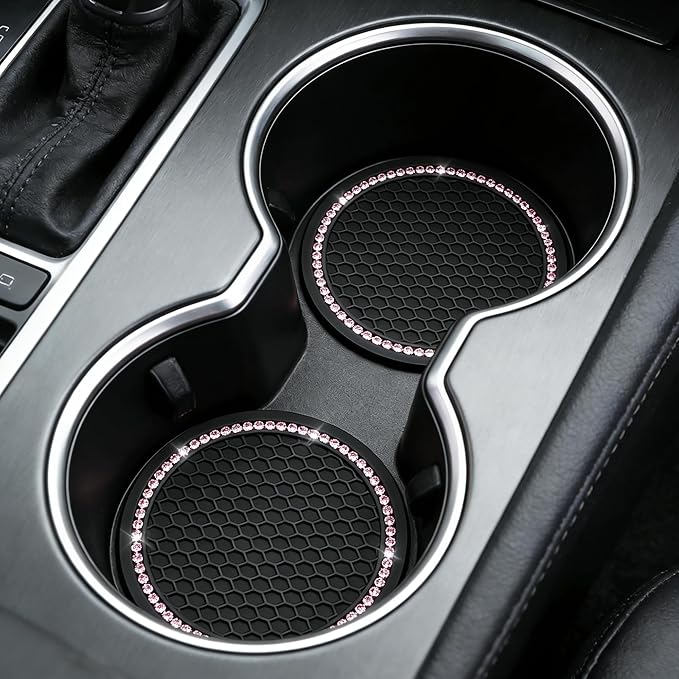 Yousheng 4PCS Bling Car Cup Coaster, Universal Holder Insert Rhinestone Anti Slip Silicone Accessories Suitable for Most Interior, Best Gift Women, Black and Pink