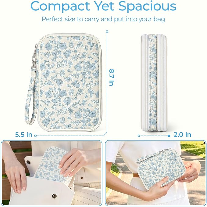 Quilted Travel Cable Organizer Pouch, Portable Electronic Accessories Carry Case, Double Layer All-in-One Storage Bag for Chargers, Cords, Phone, Gadgets (Blue Floral)
