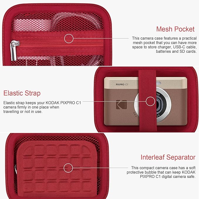 RAIALL Carrying Case for KODAK PIXPRO C1 Friendly Zoom Digital Camera, Point and Shoot Vlogging Camera Hard Travel Bag, Mesh Pocket for Charging Adapter, SD Card, USB Cable and Batteries, Red