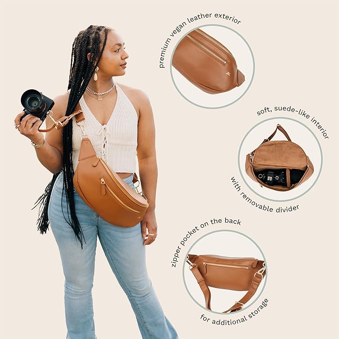 The Sidekick Camera Bag – Compact, Vegan Leather, Hands-Free Crossbody with Protective Suede Interior, Gray
