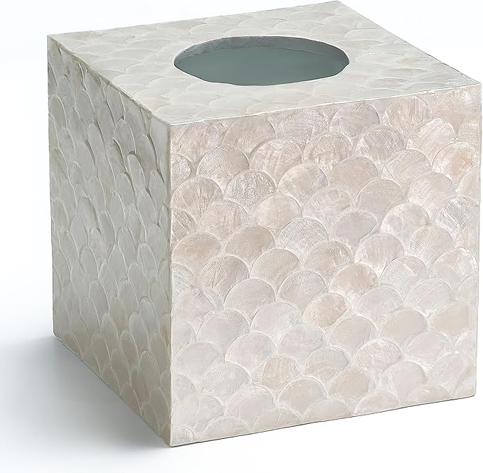 CHI AN HOME 5.5” Capiz Tissue Box Cover, Square Decorative Tissue Holder with Bottom Slider, Handmade Bathroom Accessories, Elegant White Cube for Vanity, Bedroom, Office & Coastal Décor (Natural)