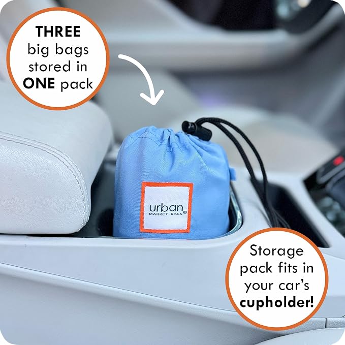Urban Market Bags - Horizon - 3 Foldable Reusable Shopping Bags in 1 Compact Pouch, Luxury Quality, Recycled Fabric, Holds 50+ lbs, Machine Washable, Pouch Fits in Cupholder, Designed in California