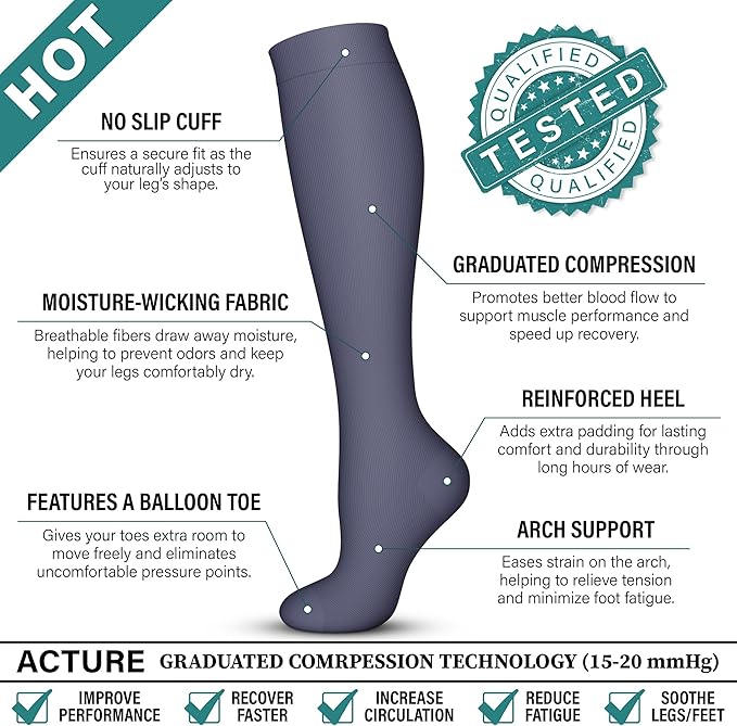Acture 6 Pack Compression Socks for Women and Men - Knee High for Medical, Running, Nurses, Travel
