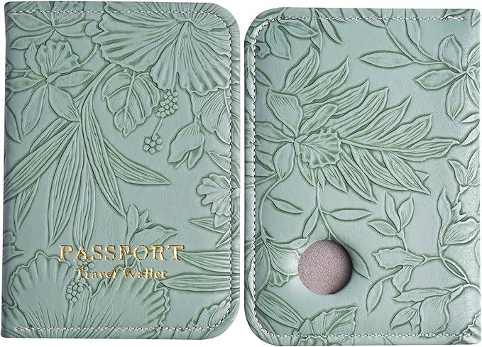 lizimandu Passport Holder with Airtag Slot, Airtag Passport Wallet for Men Women, Slim Leather Passport Holder Case Family for Travel Anti-Lost(1-Carved Green2)