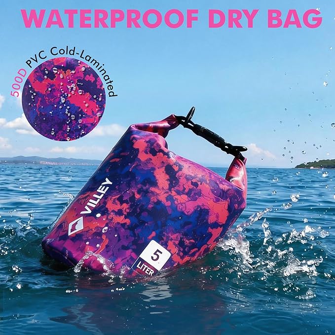 VILLEY Dry Bag Waterproof 5L Roll Top Storage Backpack, Keeps Gear Dry Lightweight Backpack for Kayaking Boating Camping Swimming and Beach Accessories Purple Camo