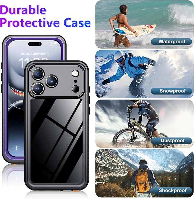 Compatible with iPhone 17 Pro Case,Waterproof Built-in Screen & Camera Protector IP68 Underwater Full Body 17FT Military Dropproof Shockproof Phone Case 6.3"-Purple/Clear