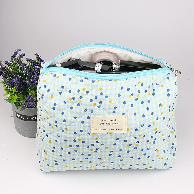 VIWIME Makeup Cosmetic Bag, Large Cotton Quilted Travel Coquette Aesthetic Cute Floral Make up Bag for Women Toiletry Bag Organizer (105- Blue Point / 2Pcs)