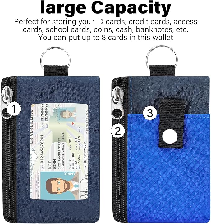 Minimalist RFID Wallet with Lanyard, Multi-Functional ID Case with 2 Zipper Pockets and Key Chain for Men and Women, Tactical Badge Pouch Cards Holder, Coin Purse for Travel Sports-DarkBlue