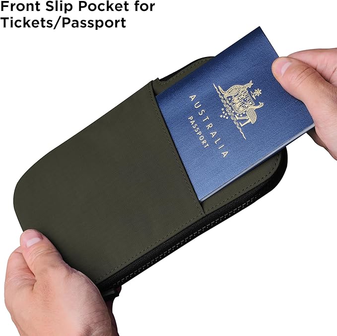 ALPAKA Zip Travel Wallet Green Axoflux 210D - RFID Passport Holder - Self Locking Zipper - Tear Resistant Material - Four Pockets and Two Card Slots - HUB Accessories Compatible