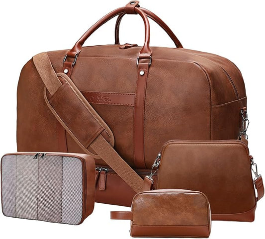 Large 4-in-1 Leather Duffle Bag for Travel Weekender Overnight Hospital Gym Bag for Men & Women, Carry On Airline Approved Personal Item Duffel Garment Bag Luggage with Shoe Compartment & Toiletry Bag