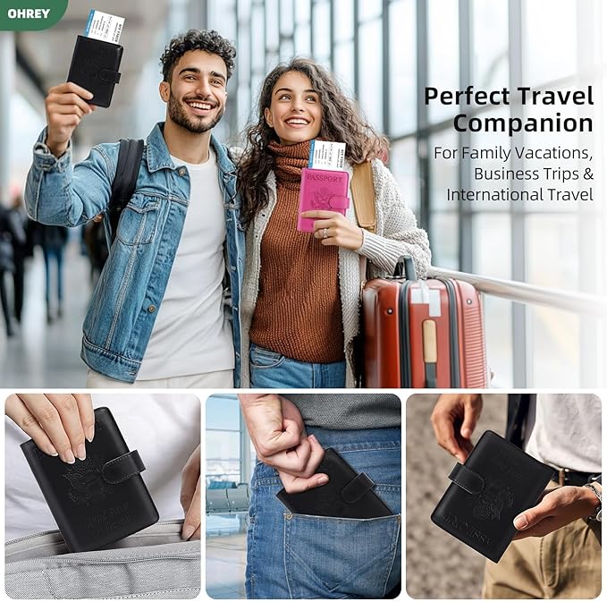 Passport Holder for Travel Family with Slot for Tracker Device & Luggage Tag Cover, – RFID Blocking Passport Wallet for Women & Men | PU Leather Passport Cover Case with Money Pocket – Black