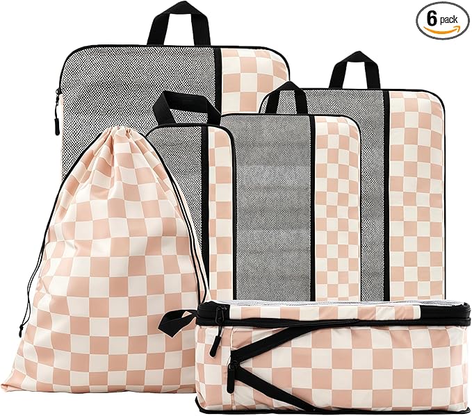 U+U 6 Set Compression Packing Cubes - Ultralight Travel Organizers with Laundry Bag, Space-Saving Suitcase Organizer for Travel, Business Trip and Family Vacation (Khaki Checkered)