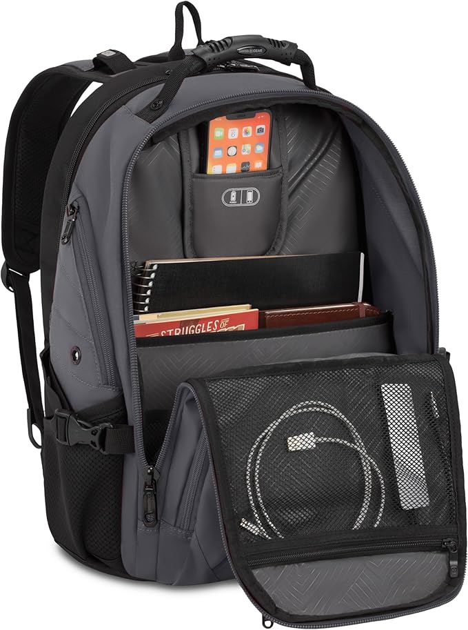 SWISSGEAR Sion 2-Piece Travel Set, Softside Expandable Carry-On Spinner Bundled with 1900 ScanSmart 17" Laptop Backpack with RFID Blocking & Tech Organization, Dark Grey