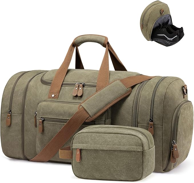 Sucipi Canvas Travel Duffel Bag for Men, Weekend Overnight Bag with Shoe Compartment and Toiletry Bag, Carry-On for Airplanes, Army green