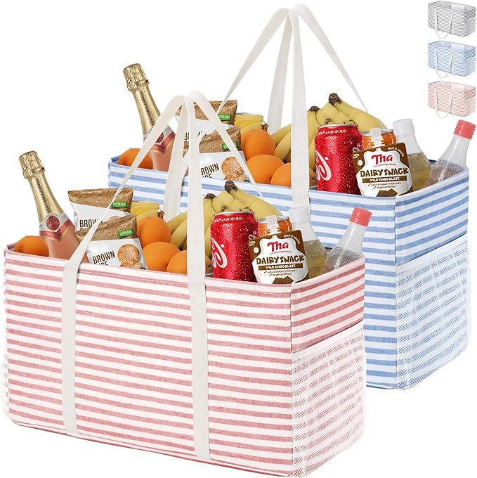 Lifewit Extra Large Tote Bag, Reusable Grocery Bags with Metal Wire Frame and Handles, Standing Utility Foldable Shopping Bags for Storage, Picnics, Beach, Laundry, Car, 46L, 2 Pack, Pink and Blue