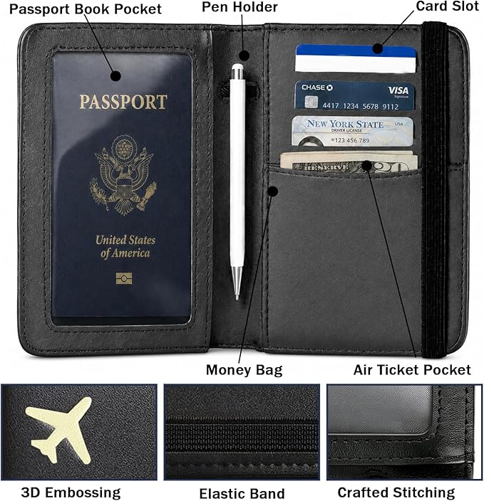 ZOPPEN RFID Blocking Passport Holder for Travel – PU Leather Waterproof Lightweight Passport Cover Wallet for Women Men, Travel Organizer with Card Slots for Airline Tickets & Passport Book (Black)