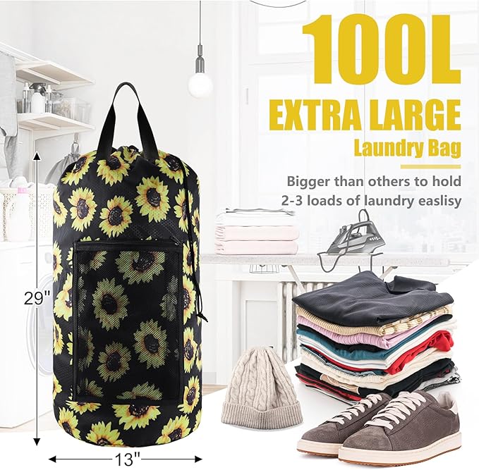 Olosar Laundry Bag Backpack, Extra Large Travel Laundry Bag with Mesh Pocket & Adjustable Shoulder Straps,Dirty Clothes Travel Bag for College Students Dorm,Apartment(Sunflower)