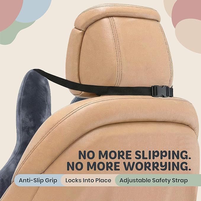 Kids Car Sleeping Pillow - H-Shaped for Neck & Back Support - Hands & Seat Belt Slot - Machine Washable & Compressible - Perfect for Car, Plane, Train, Boat & More - Grey