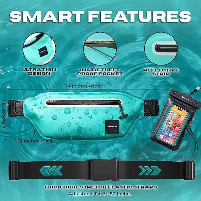 DRENCH 100% Waterproof Fanny Pack Teal – IPX8 Submersible Waterproof Phone Pouch Dry Bag Waist Pack for Kayaking, Snorkeling, Paddle Boarding, Surfing, Boating & Beach Travel Water Sports Gear