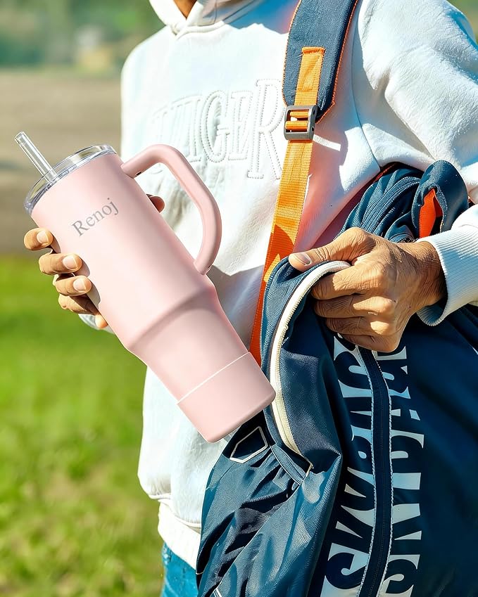 Renoj Insulated Mug 100% Spill Resistant Insulated Water Bottle for Iced Coffee & Hot Drinks - Fits Car Cup Holder, Ideal Gift, 2 Straws & Silicone Boot - FlexSlide Light Pink 32 oz