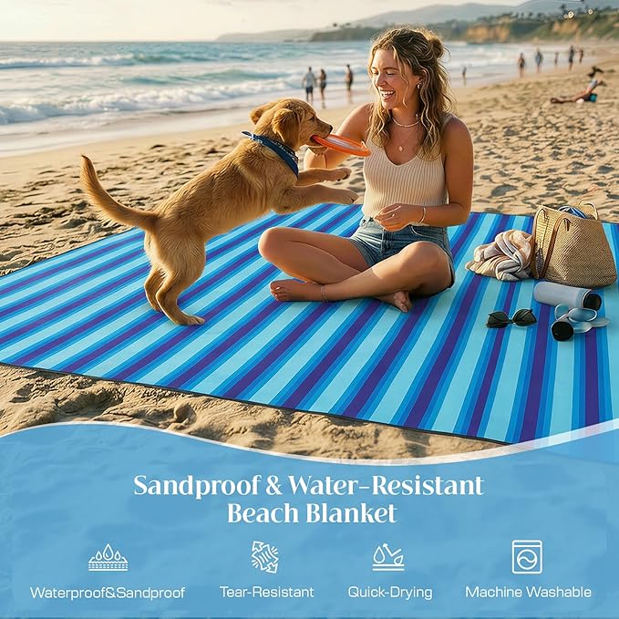 Beach Blanket Waterproof Sandproof - Oversized Extra Large Beach Mat for 3-4 People, Lightweight Sand Free Mat for Summer Vacation with 6 Stakes & 4 Corner Pockets for Beach, Camping 7x7ft Blue Stripe