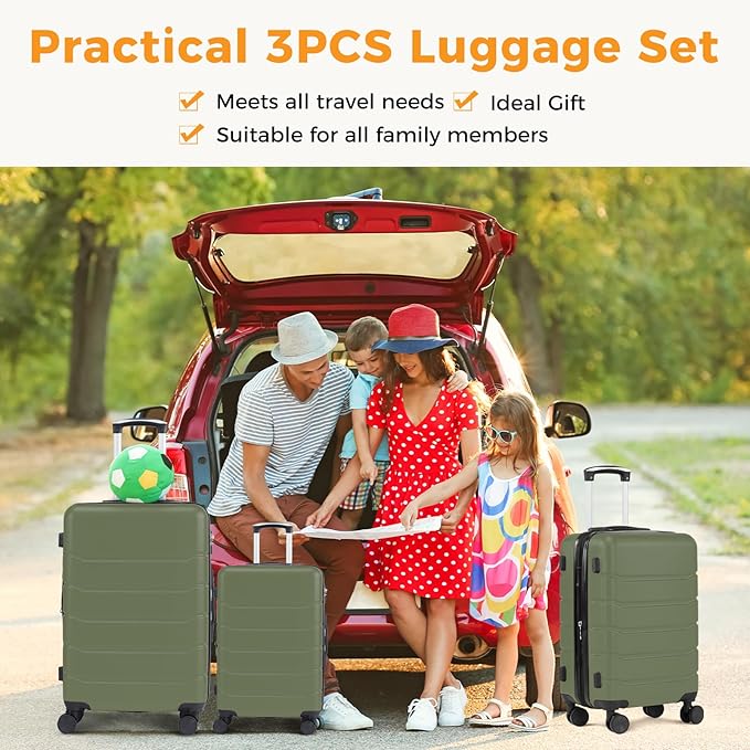 NEWBULIG 3 Piece Luggage Set, Expandable Hard Shell Lightweight Rolling Suitcases with Smooth Spinner Wheels and TSA Lock, Travel Luggage for Business and Holiday Use, 20/24/28 Inch, Green