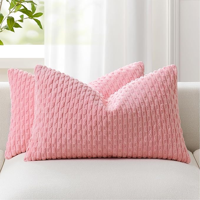 Kevin Textile Valentines 14x20 Inch Pillow Cover 1 Pack Boho Decorative Soft Striped Corduroy Lumbar Farmhouse Accent Rectangle Cushion Case for Living Room Couch Sofa Bed, Pink