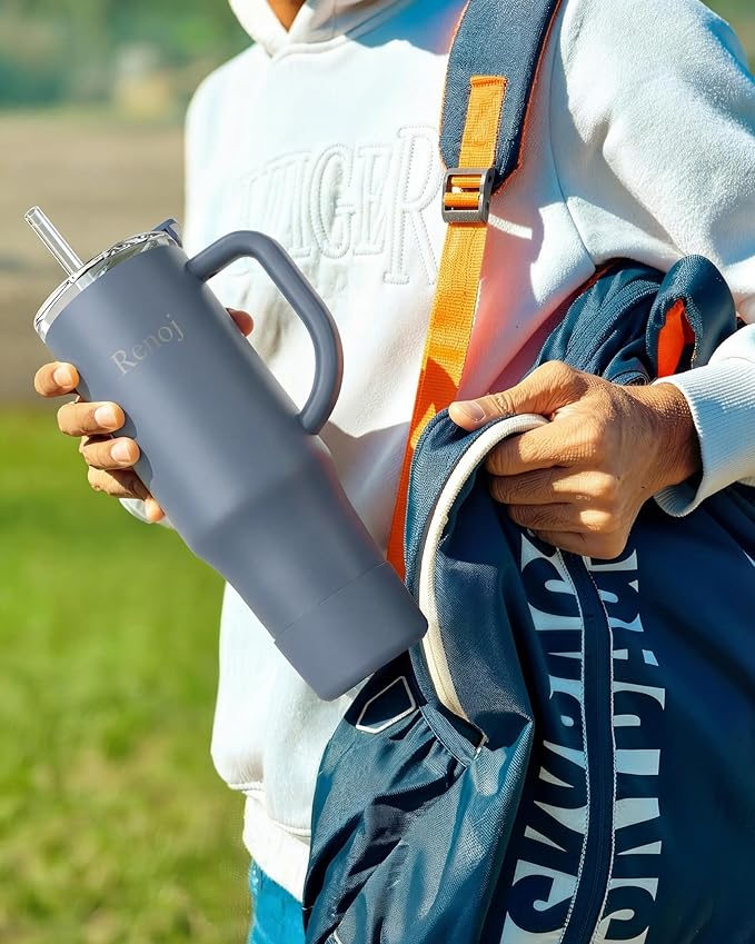 Renoj Insulated Mug 100% Leak Proof Insulated Water Bottle for Iced Coffee & Hot Drinks - Fits Car Cup Holder, Ideal Gift, 2 Straws & Silicone Boot - SnapShift Pink 40 oz