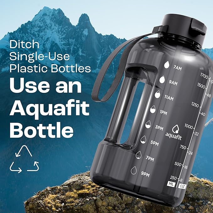 AQUAFIT 64 oz Water Bottle with Time Marker - Straw & Chug Lid - BPA Free Half Gallon Gym Water Bottle with Handle - Big Gallon Jug (Gun Gray, 64 Ounces)