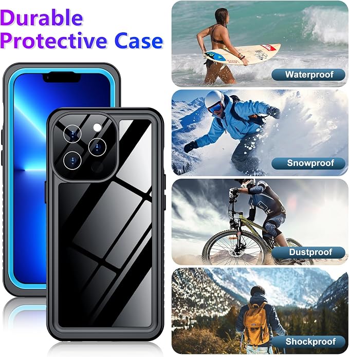 Compatible with iPhone 13 Pro Max Case Waterproof, Built-in Screen & Camera Protector IP68 Underwater Full Body 13FT Military Dropproof Shockproof Phone Case 6.7"-Blue/Clear