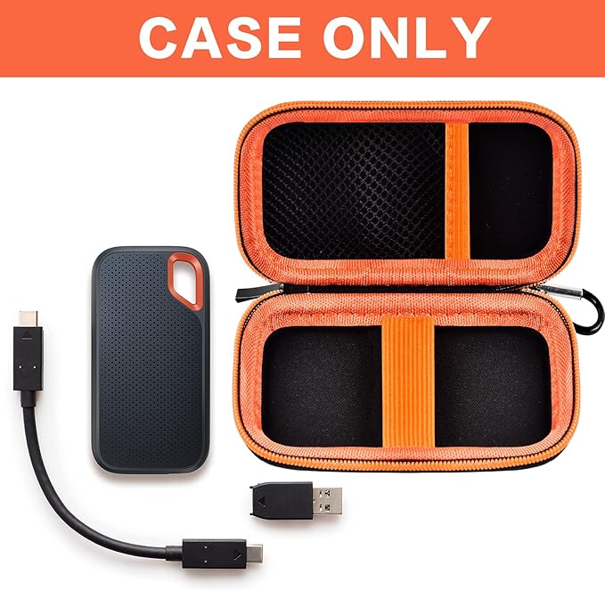 SSD Case for SanDisk Extreme Portable SSD & Extreme PRO, Hard Shell Protective Storage Bag with Carabiner, Fits 1TB 2TB 4TB 8TB External Solid State Drive for Business Travel(Orange)