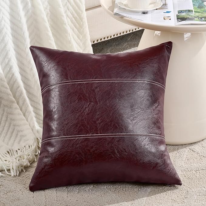 Fancy Homi Burgundy Faux Leather Decorative Throw Pillow Covers 16x16 Inch for Living Room Couch Bed, Modern Farmhouse Boho Home Decor, Wine Red Hand Stitched Accent Square Cushion Case 40x40 cm