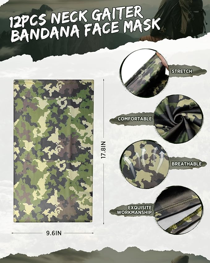 Cuffbow 12 Pack Neck Gaiters Face Mask Balaclava for Men Women Cooling Neck Gaiter Summer UV Protection Scarf