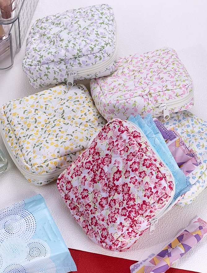 Period Bag for Girls, Quilted Period Pouch for Women, Floral Sanitary Napkin Storage Bag Menstrual Pad Pouches Tampon Holder for Purse Pad Bag Gifts for Teen Girls(Red)