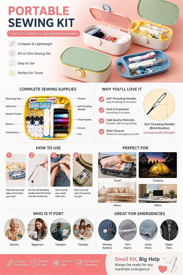 FKOG Portable Sewing Kit Basic, 135 Pcs Travel Sewing Supplies Repair Organizer with Self Threading Needles,Scissors,Measure Tape, Emergency Sewing Accessories for Adults, Beginners & Seniors (Green)