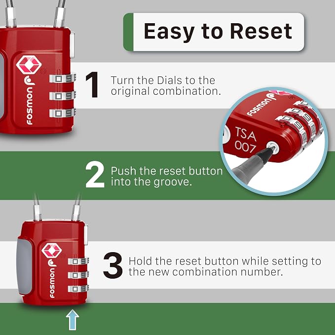 Fosmon TSA Accepted Cable Luggage Locks, (2 Pack) Re-settable Easy to Read 3 Digit Combination with Alloy Body and Release Button for Travel Bag, Suit Case & Luggage - Red