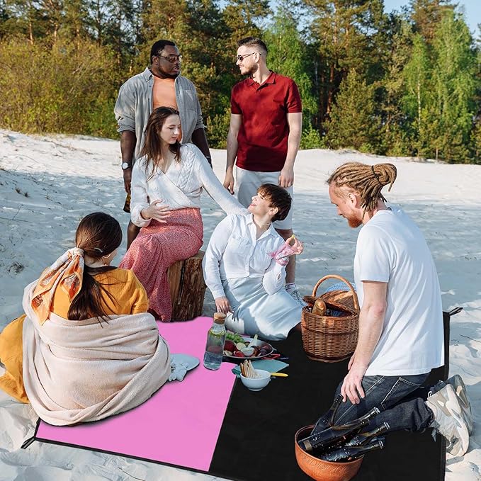 Frelaxy Pocket Picnic Blanket, Waterproof Sandproof Beach Mat, Compact Camping Tarp for Festivals, Hiking, Travel, Outdoor Recreation (Pink & Black, 57'' x 71'')