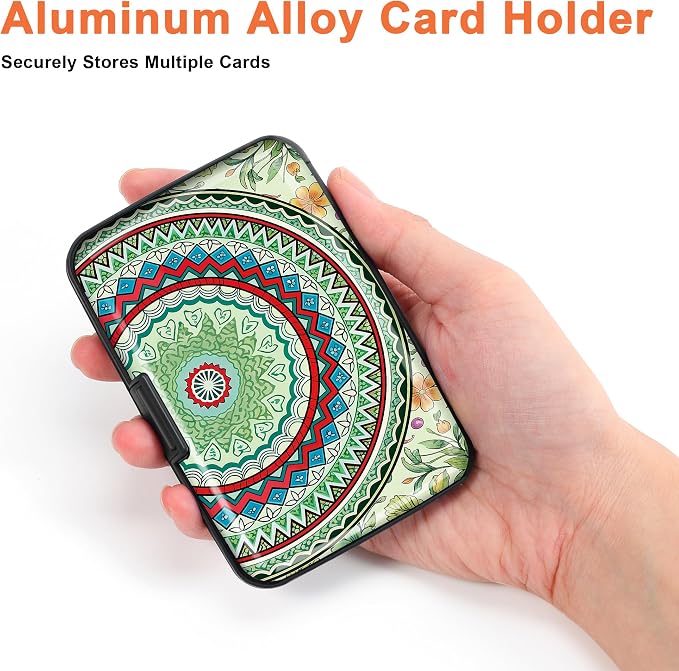Mayski 2 Pack Credit Card Holder for Women, RFID Blocking, Green Mandala Aluminum Alloy Hard Case, Small Mini Business Metal Wallet for Men
