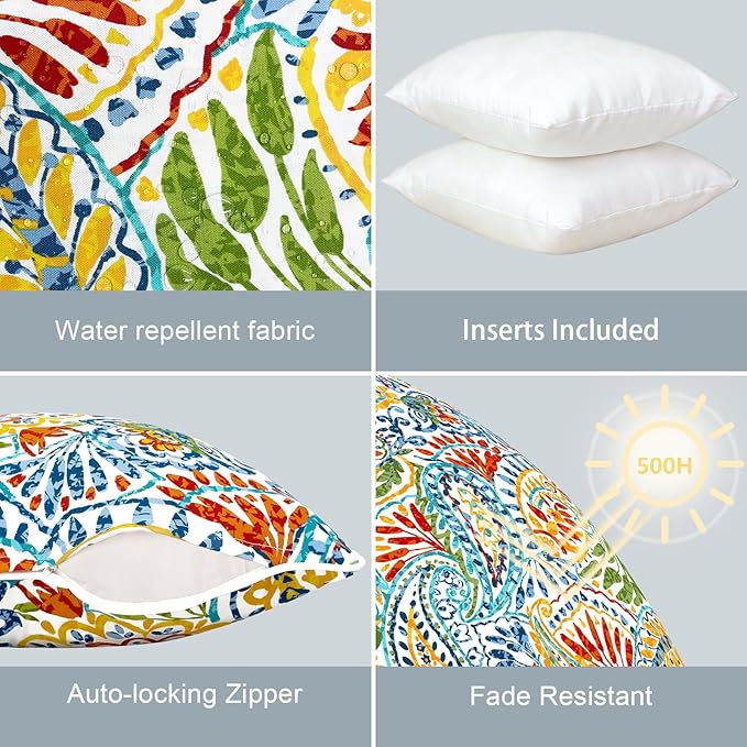 LVTXIII Outdoor/Indoor Throw Pillows, Decorative Patio Accent Pillows, Fluffy Water Repellent Garden Cushions for Home Patio Coach Sofa Use, 18×18 Inch, Pack of 2, Paisley Multi