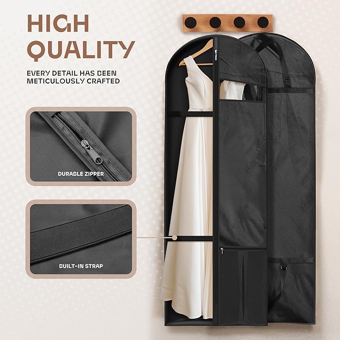 Lazebox 65" Travel Garment Bag with Accessories Zipper Pocket, Heavy Duty Suit Bag for Suits, Tuxedos, Dresses, Coats, Black, 2 packs