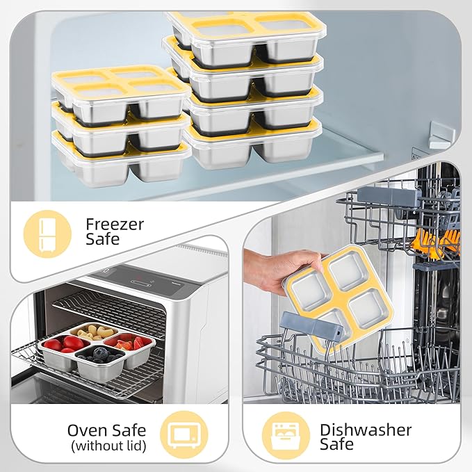 BEFOY 4 Pack Stainless Steel Snack Containers with Lids 4 Compartment Food Storage Containers for Adults & Kids Meal Prep Containers Reusablele (Yellow, 2)