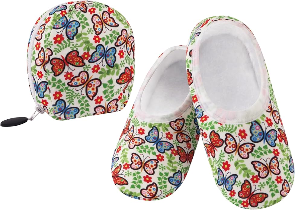 Snoozies Skinnies Butterflies Bees slipper socks for Women Sherpa Lining Soft Non Slip and Foldable