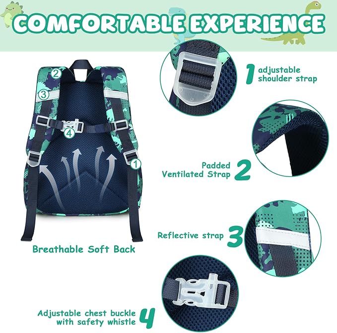 BTOOP Kids Backpack for Boys Girls 3-6, Preschool Kindergarten Backpack with Insulated Lunch Compartment & Chest Strap, Cute Dinosaur Lightweight School Travel Bag Fits A4 Folder