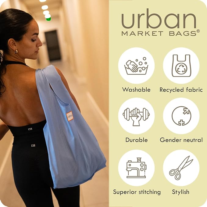 Urban Market Bags - Horizon - 3 Foldable Reusable Shopping Bags in 1 Compact Pouch, Luxury Quality, Recycled Fabric, Holds 50+ lbs, Machine Washable, Pouch Fits in Cupholder, Designed in California
