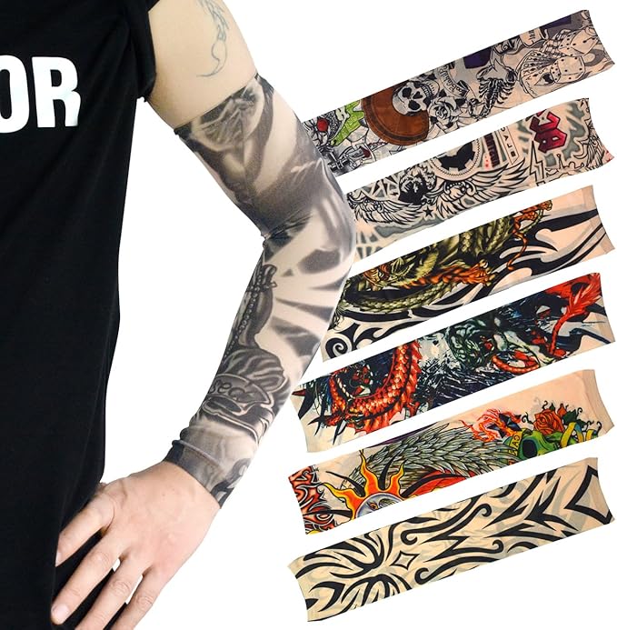 HOVEOX 20pcs Temporary Tattoo Arm Sleeves Arts Fake Slip on Arm Sunscreen Sleeves Body Art Stockings Protector -Designs Tribal, Tiger, Dragon, Skull, and Etc Unisex Stretchable Cosplay Accessories