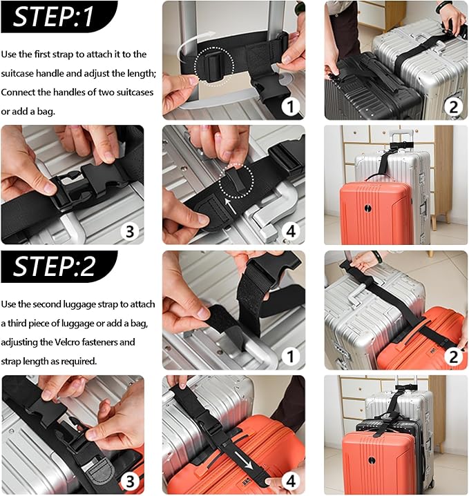BILIONE Luggage Connector Straps, Suitcase Straps to Connect 3 Suitcases ＆ Add A Bag, Luggage Straps for Suitcases Adjustable Buckle Belt (Black, 2 Pack)