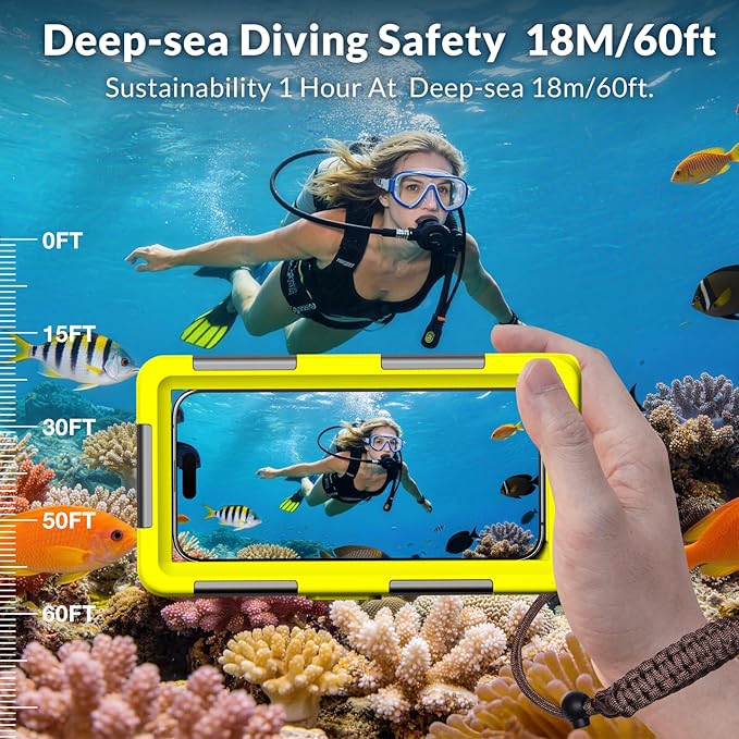2026 Underwater Snorkeling Diving Phone Case for Phone 17/16/15/14/13/12Pro Max/Galaxy S26/S25/S24/S23.(50ft/15m) Professional Scuba Dive Waterproof Case Underwater Photo Video（Yellow）