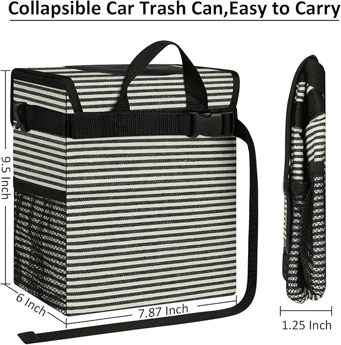 ELONGRIVER Car Trash Can for Car with Lid, Car Organizer Can Trash Bag Hanging Leak Proof Vehicle Trash Can (Stripe Print, 2 Gallons)